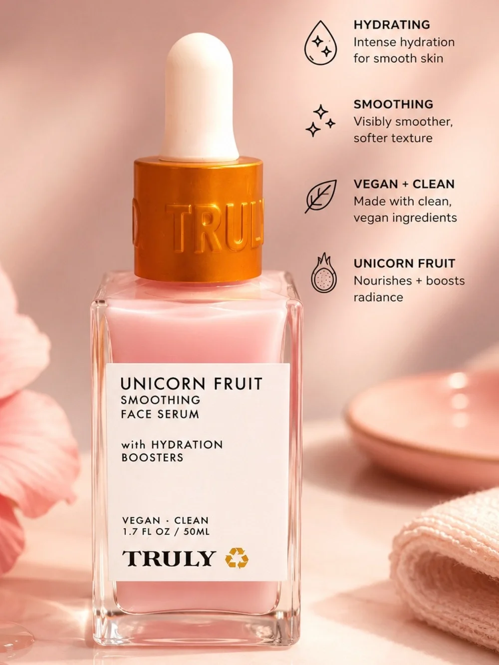TRULY Unicorn Fruit Smoothing Face Serum - Pink with Gold Dropper